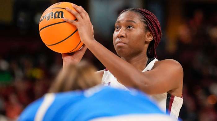 South Carolina Gamecocks forward Aliyah Boston eyes the basket for a free throw against the UCLA Bruins during the NCAA women’s tournament.